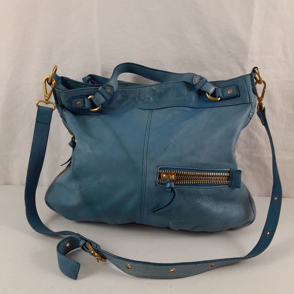 Steven Blue Leather Hobo Shoulder Bag Crossbody Bag Expandable Zippered Accent